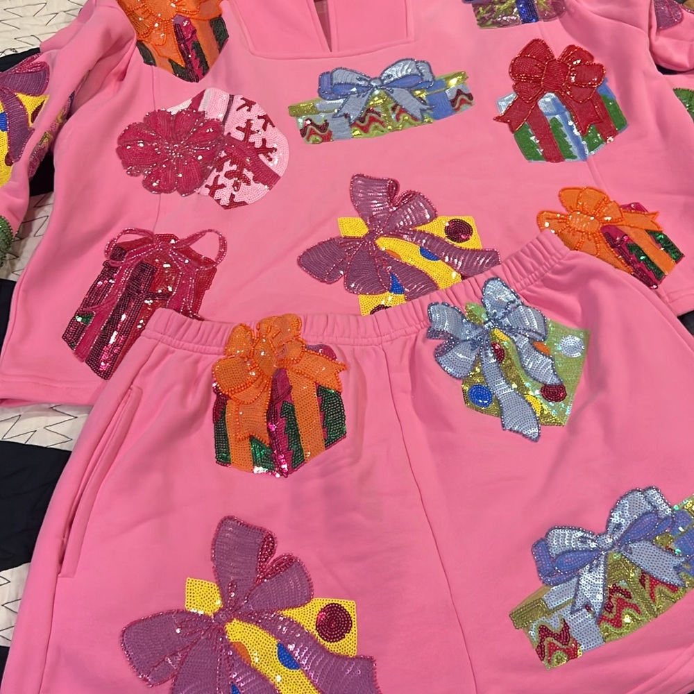Pink Sequin Gift Box Sweatshirt and Shorts Set